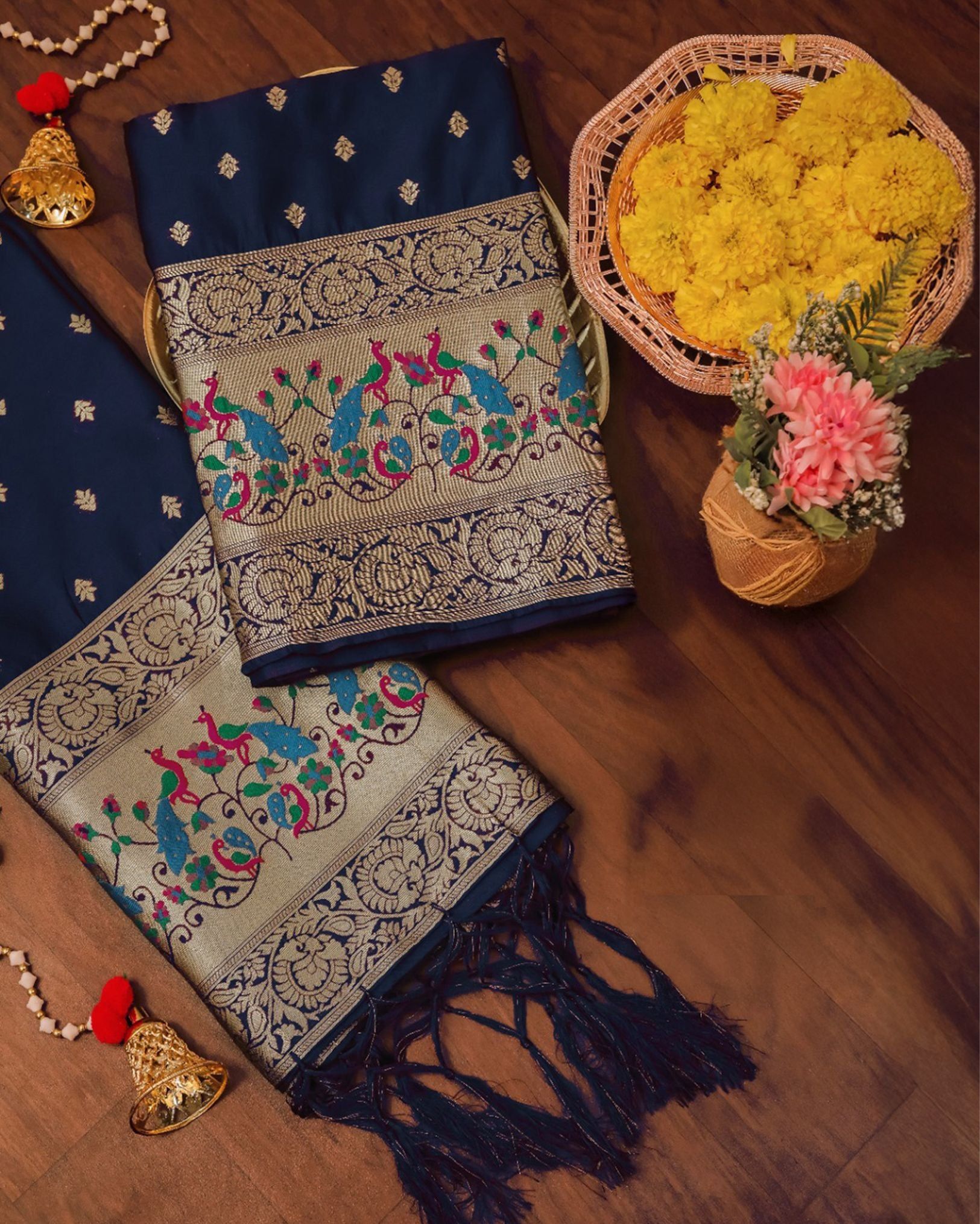 Noor-e-Banaras Zari Brocade Navy Blue Silk Suit