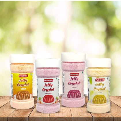 Puramio Jelly Crystals Combo (Strawberry, Mango, Raspberry & Orange), 150 gm Each - Pack of 4