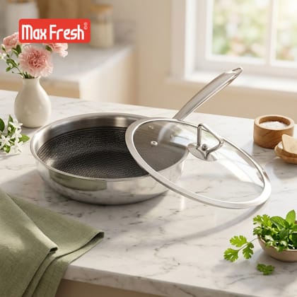 Premium Triply Stainless Steel Honeycomb Fry Pan with Glass Lid Pro Series | Scratch Resistant Non Stick Frying Pan with Long Handle | Gas Top and Induction Bottom Friendly | 1 Year Warranty MaxFresh Cookware 20 ML