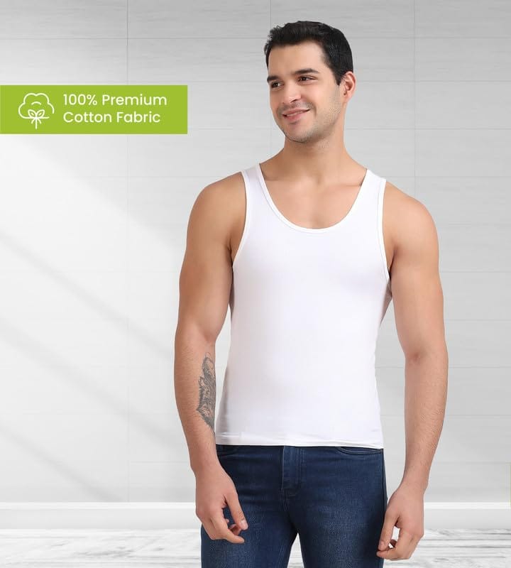 Freecultr Cotton Vest for Men Sleeveless Lightweight Solid Round Neck Comfort Vests Breathable & Comfortable Innerwear Sando for Man Regular Fit Pack of 2-Navy,White