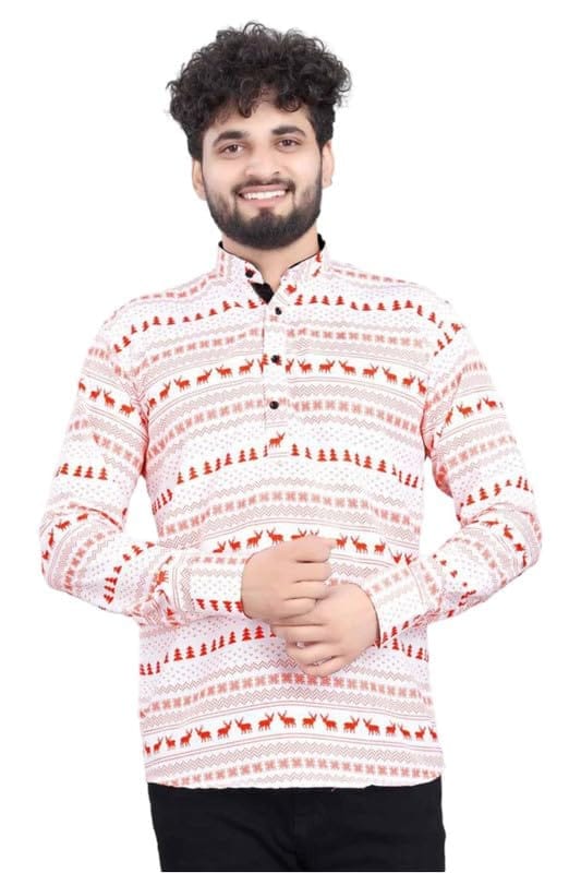 Men's Cotton Blended Printed Full Sleeve Shortkurta (Multicolor, XL)-PID53468