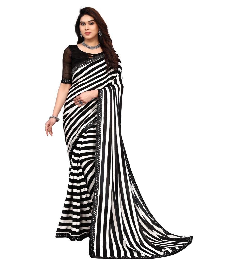 Women's Embellished Dyed Printed Bollywood Georgette Saree with Blouse (Black)