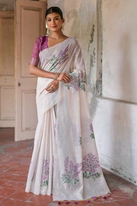 White Printed Muga Cotton Saree