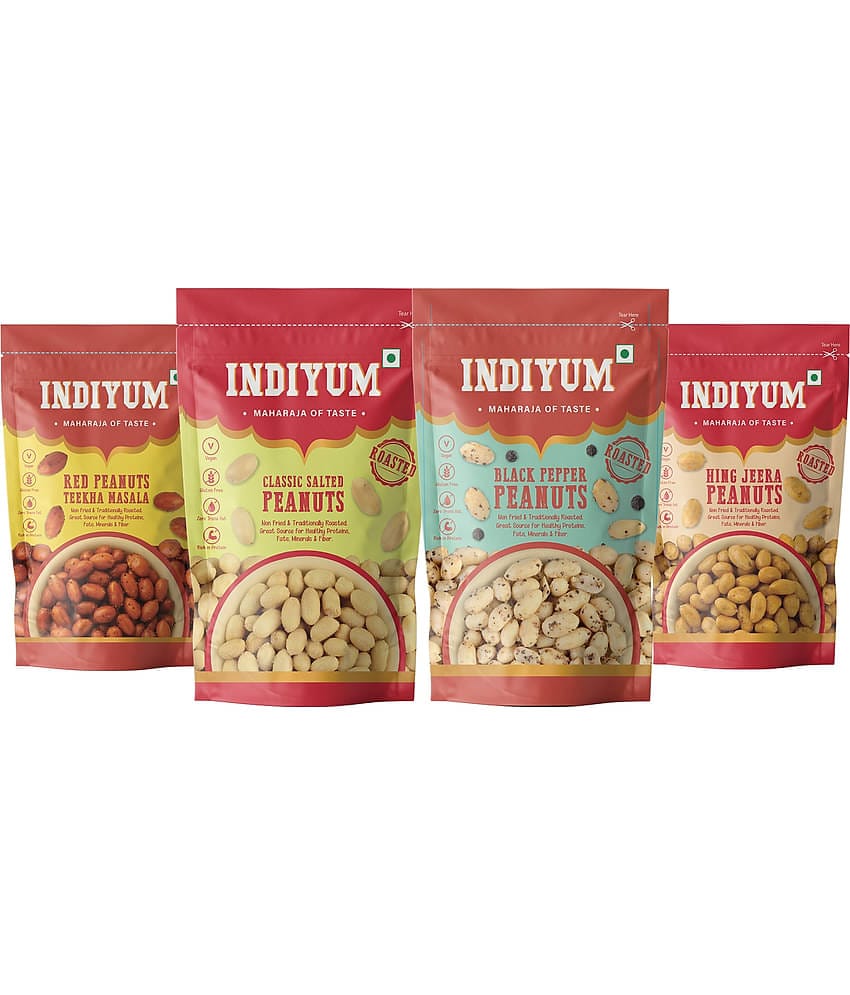 Indiyum Peanuts Combo Pack Black Pepper, Hing Jeera, Theekha Masala, Salted Peanut 480g (120g Each)