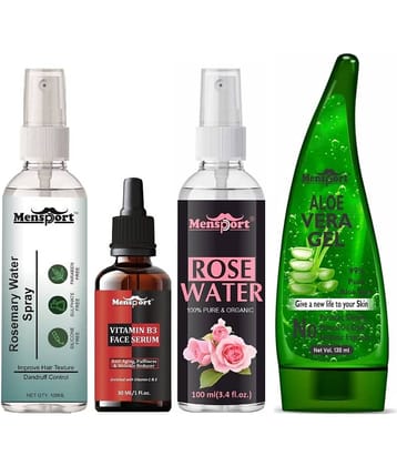 Mensport Rosemary Water | Hair Spray For Hair Regrowth 100ml, Vitamin B3 Face Serum Enriched with Vit C & E 30ml, Natural Rose Water 100ml & Natural Aloe Vera Gel 130ml - Set of 4 Items