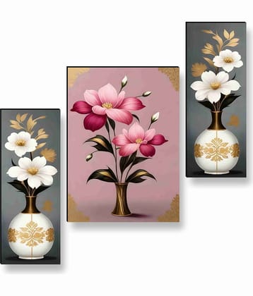 SAF Golden Vase Floral Wall Art – 3 Panel Classic White Flower Painting with Pink & Grey Background for Hall & Elegant Décor 12 Inch x 20 Inch