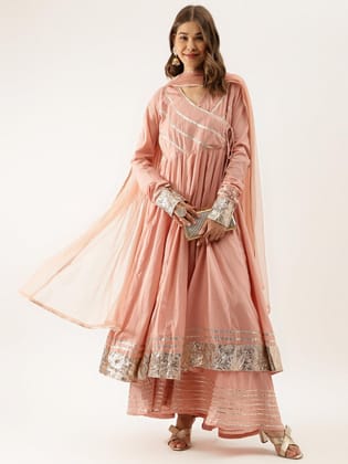 Peach Solid Cotton Gota Work Kurta Set With Dupatta-XS