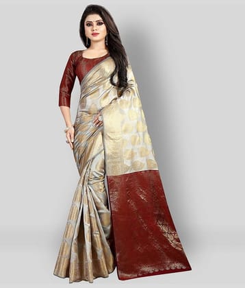 Gazal Fashions Banarasi Silk Printed Saree With Unstitched Blouse Piece ( Multicolor )