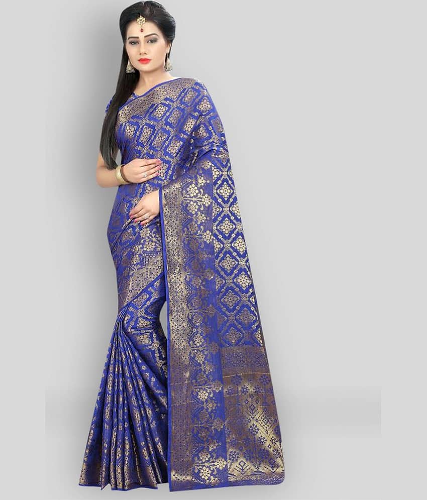 Gazal Fashions Banarasi Silk Printed Saree With Unstitched Blouse Piece ( Blue )