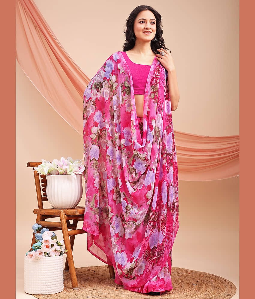 LEELAVATI Chiffon Printed Regular Saree With Unstitched Blouse Piece ( Pink )