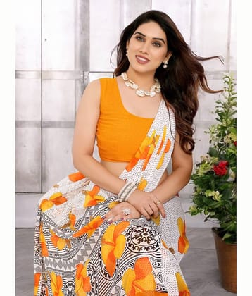 TTH Georgette Printed Saree With Unstitched Blouse Piece ( Yellow )