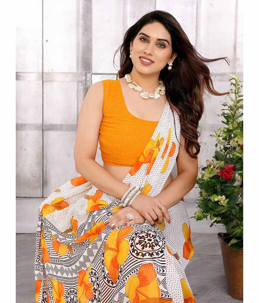 TTH Georgette Printed Saree With Unstitched Blouse Piece ( Yellow )