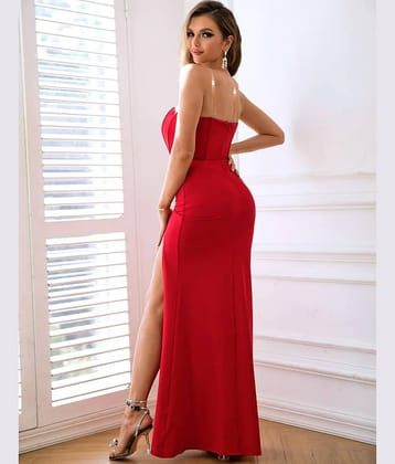 Traquila Women Polyester Solid Side Slit Dress ( Red )