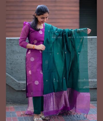 kedar fab Women Silk Blend Self Design Straight Kurti With Pants ( Purple )