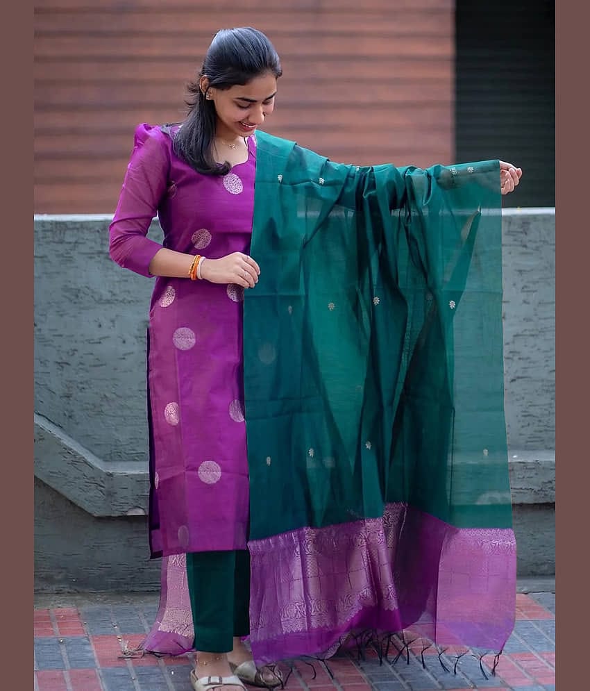 kedar fab Women Silk Blend Self Design Straight Kurti With Pants ( Purple )