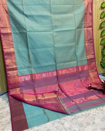 Glossy Maheshwari Tissue Silk Handwoven Saree Turquoise