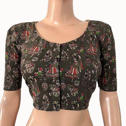 Kalamkari  Cotton  Round neck Blouse,  Green,  BK1276-S