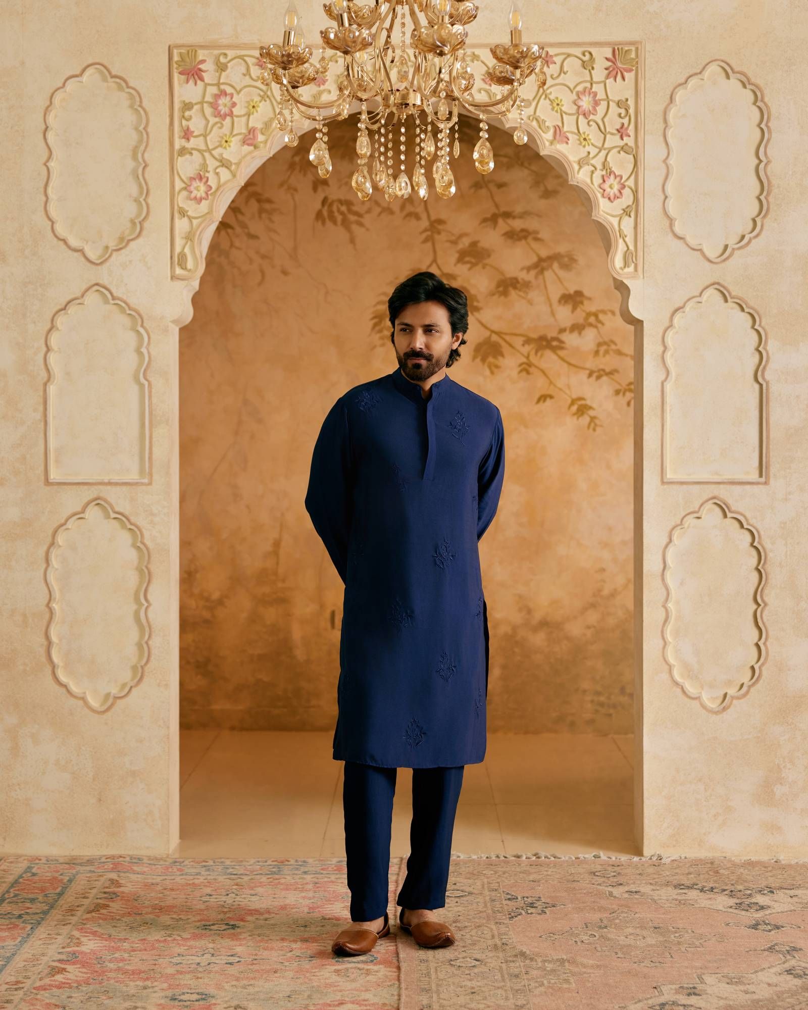 Royal Blue Embroidered Silk Kurta-XXS / Navy Blue