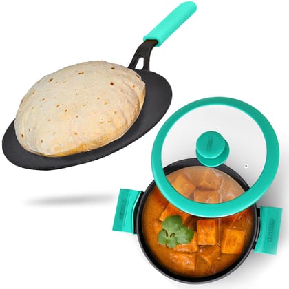 GEMMA CAST IRON KADAI WITH LID PLUS ROTI TAWA COMBO-Kadai 3 liter / Green