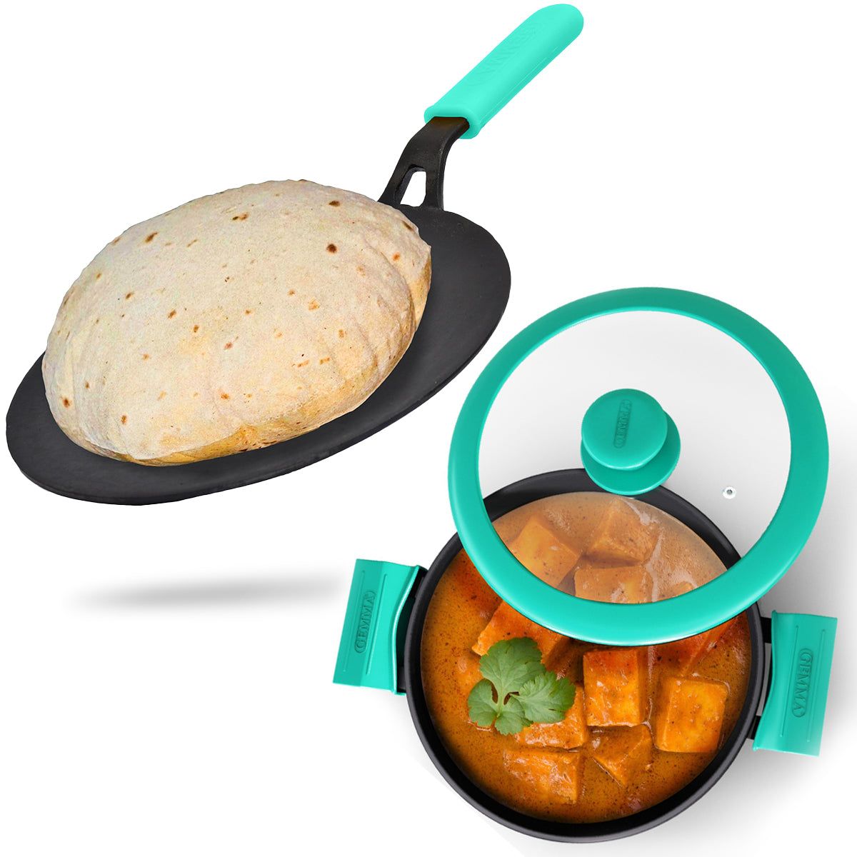 GEMMA CAST IRON KADAI WITH LID PLUS ROTI TAWA COMBO-Kadai 3 liter / Green