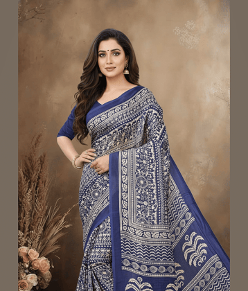 JIHANA FAB Chiffon Printed Regular Saree With Unstitched Blouse Piece ( Blue )