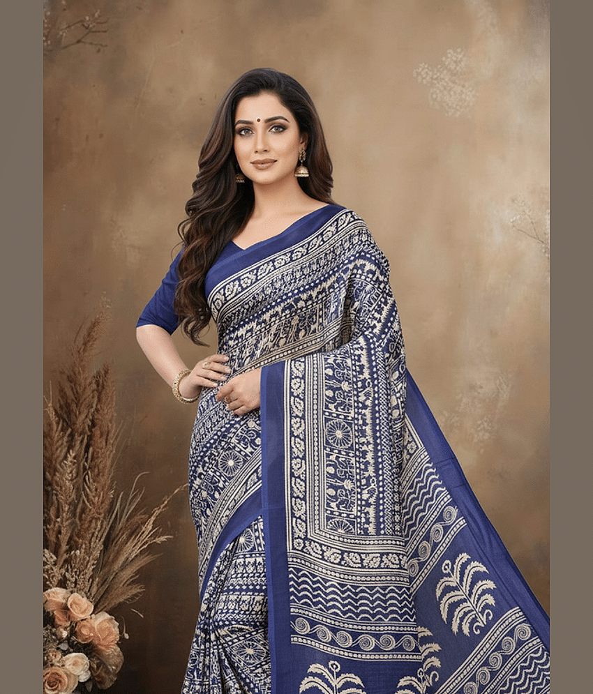 JIHANA FAB Chiffon Printed Regular Saree With Unstitched Blouse Piece ( Blue )