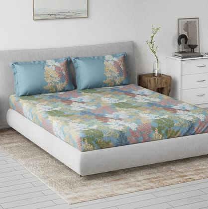 DDECOR - Primary Collection 100% Cotton Leaves Pattern 145TC King Fitted Sheet|180 CM X 198 CM| - Blue