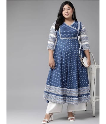 Yash Gallery Pack of 1 Cotton Printed Angrakha Women's Kurti - ( Blue )