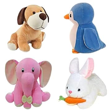 Pack of 4 Elegant Soft Toys Combo Set Appu Elephant (25 cm), Penguin(20 cm), White Rabbit(28 cm), Setting Dog Mini (25cm) for Kids_assorted colour