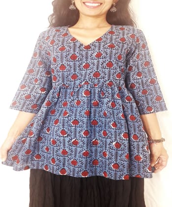 Indigo multicolor hand block printed cotton top