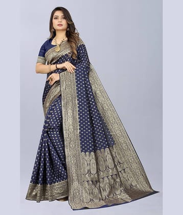 NENCY FASHION Banarasi Silk Embellished Saree With Unstitched Blouse Piece ( Navy Blue )