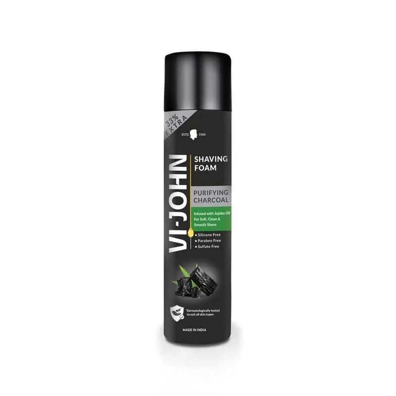 VI-JOHN Purifying Charcoal Premium Shaving Foam Enriched With Aloevera & Jojoba Oil From Paraben- 300g (Pack of 12)