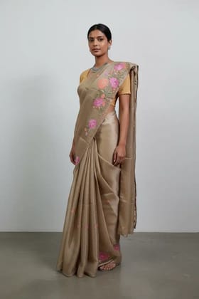 Handwoven Kota Doria Cotton-Silk Saree in Beige with Floral Zari Border