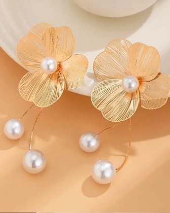 Stainless Steel Gold-Plated Pearls Beaded Floral Tasselled Drop Earrings  by Print Magical Gifts