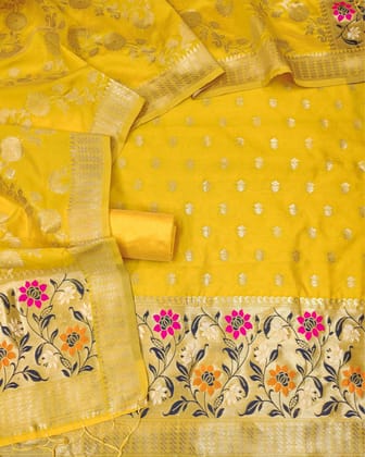 Noor-e-Banaras Brocade Weaving Lichi Silk Yellow Suit