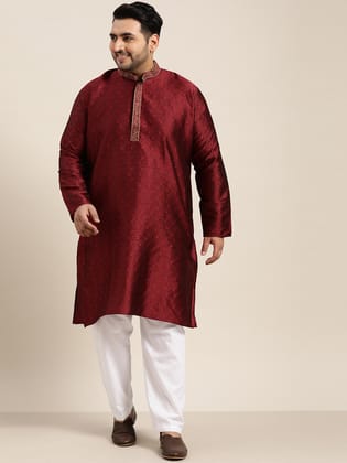 Men's Silk Blend Maroon Kurta and Off White Churidar Pyjama Set-44