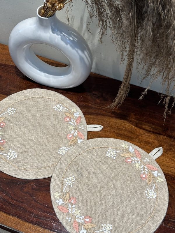 KRI India Bloom Valley of Flowers Trivets set|Set of 4 | Jute beige  |9 inches| Wash & Care | 100% Cotton | Handcrafted in India. 100% organic & natural.
