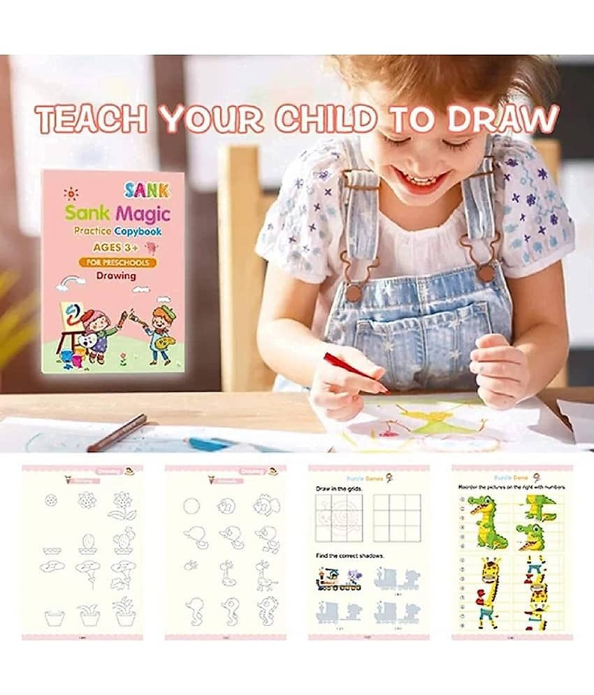 Sank Magic Practice Copybook, English Number Tracing Book For Preschoolers With Pen, Magic Calligraphy Copybook Set Practical Reusable Writing Tool Simple Hand Lettering (4 Books + 10 Refills + 1 Pen + 1 Grip) - magic book, magic practice book