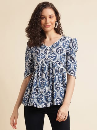 Blue Printed Straight Cotton Blend V-Neck Top-S
