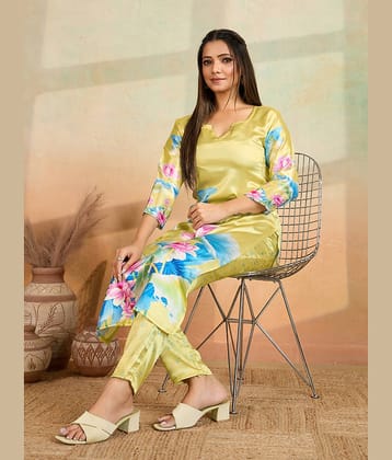 Women Basket Women Rayon Printed Straight Kurti With Pants ( Yellow )