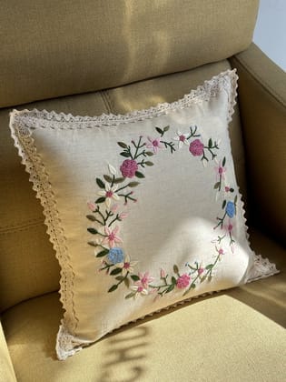 KRI India Bloom Pastel Wreath Cushion Cover|24x24 inches | Ivory with pastel floral embroidery  | Wash & Care | 100% Cotton | Handcrafted in India. 100% organic & natural.
