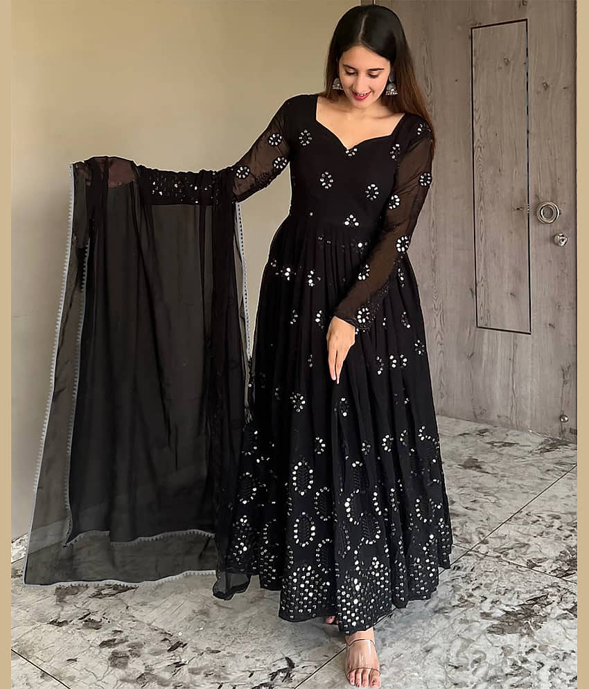 Trijal Fab Black Anarkali Georgette Women's Stitched Ethnic Gown ( Pack of 1 )