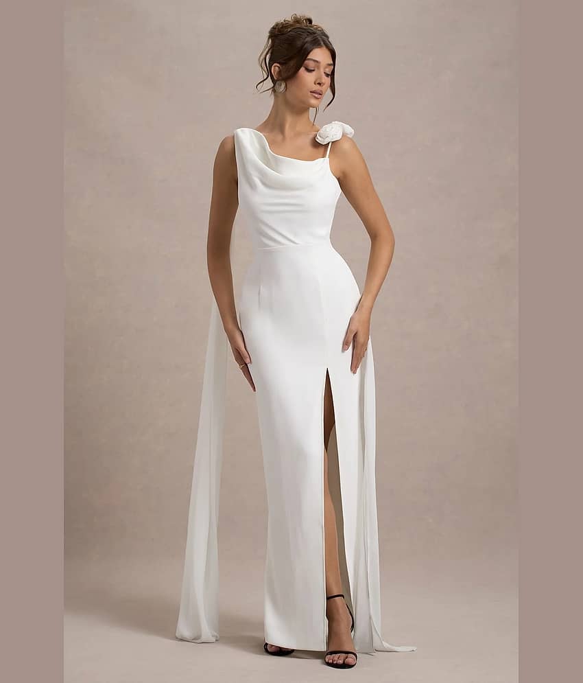Traquila Georgette Solid Full Length Women's A-line Dress - White ( Pack of 1 )