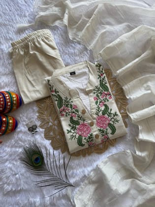 New Wedding Wear White Color Cotton Embroidery Work Designer Straight Kurta With Trouser n Dupatta Set-M