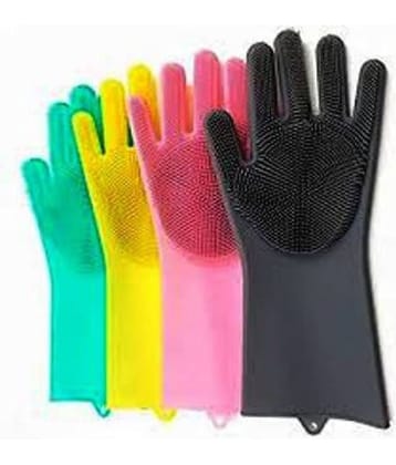 FSN Microfibre Universal Size Heat Resistant Rubber  Magic Silicone Gloves scrubbing Gloves for Dishes, dishwashing Gloves with scrubbers, Dish Gloves for Kitchen, and pet Care