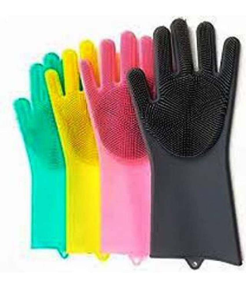 FSN Microfibre Universal Size Heat Resistant Rubber  Magic Silicone Gloves scrubbing Gloves for Dishes, dishwashing Gloves with scrubbers, Dish Gloves for Kitchen, and pet Care