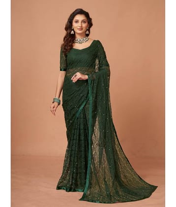 VANRAJ CREATION Brasso Self Design Saree With Unstitched Blouse Piece ( Green )