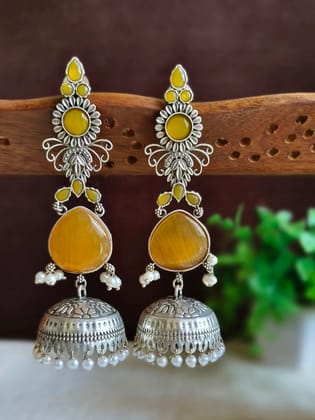 Statement Silver Jhumka with Ethnic Charm | Sarichka Fashion-Yellow