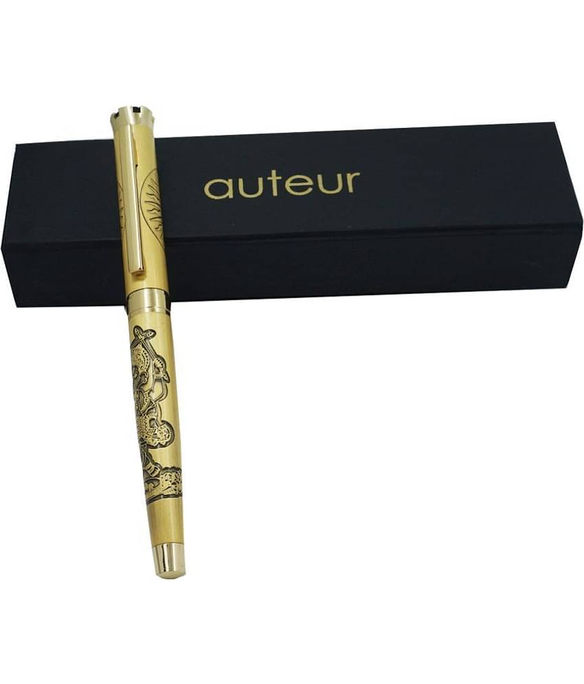 auteur Crown Golden Color , Ganpati Blessings Beautifully Engraved As Dancing Ganesha Roop Roller Ball Pen With Om Engraved On A Crowned Cap .