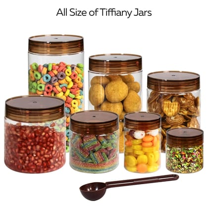 Plastic Containers for Kitchen Storage | Plastic Container Set with Spoon | BPA Free, Stackable Jars | Brown, 1700 ML (Set of 6)